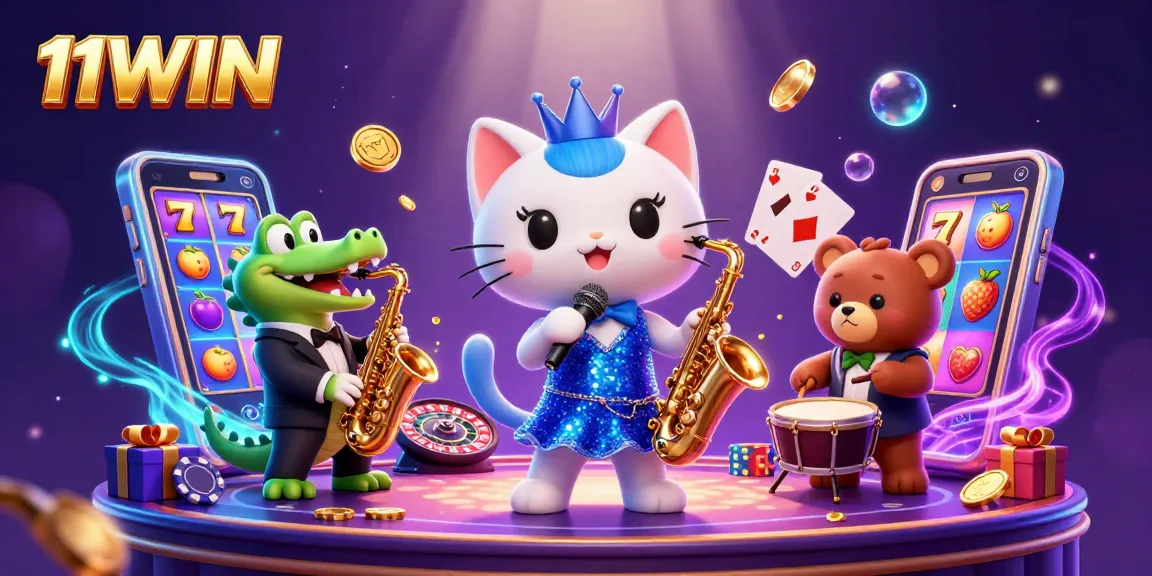 Engage with 11WIN's vibrant casino scene featuring a jazzy cat and dynamic gaming elements.