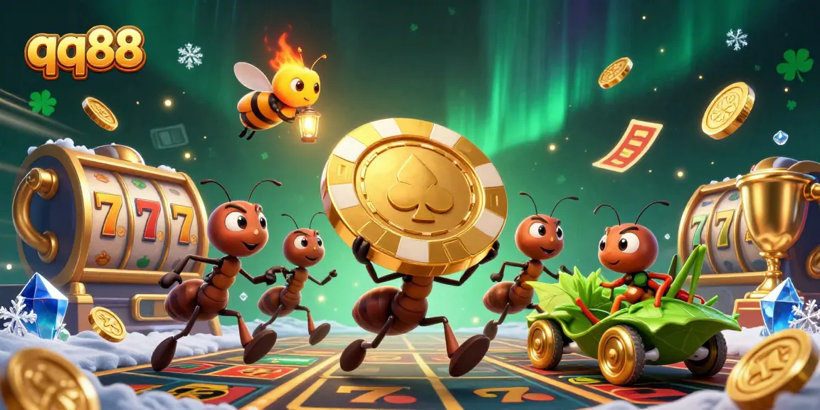 Action-packed scene with qq88 ants and golden poker chips amidst spinning slot reels