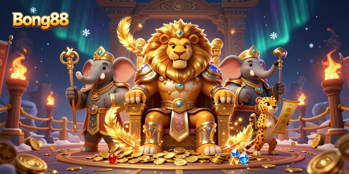 Bong88 offers thrilling casino experiences with a fierce lion king, wise advisors, and dynamic elements.