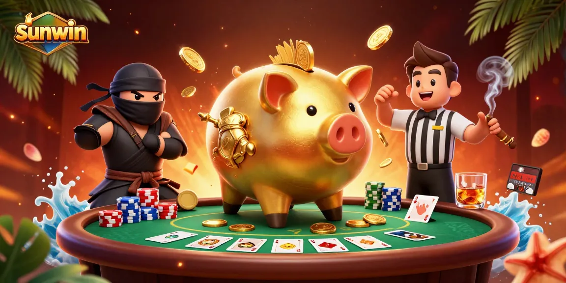 Experience the excitement of sunwin with a dynamic scene of a sumo wrestler, ninja, and referee amidst poker elements.
