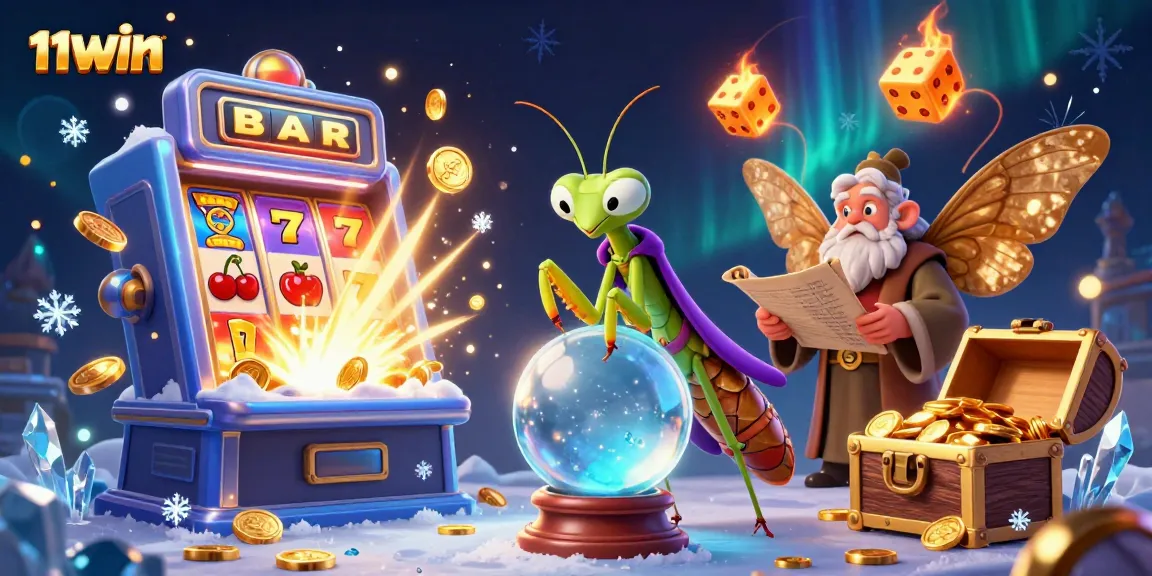 Experience big wins at 11WIN as the mystical fortune teller and wise moth reveal winning slots treasures amidst swirling magic.