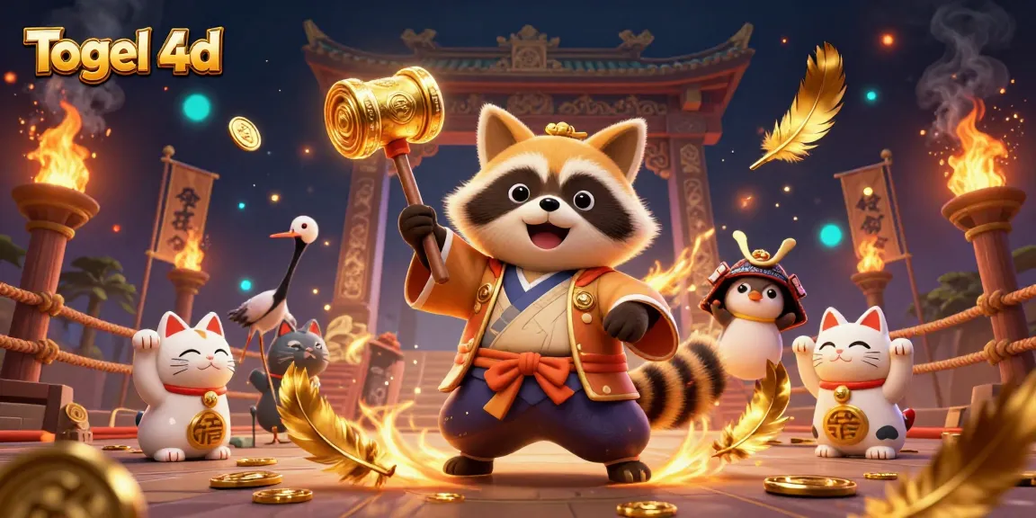 Engage in Togel 4d with a cheerful tanuki and vibrant fortune cats in a lively 3D scene.