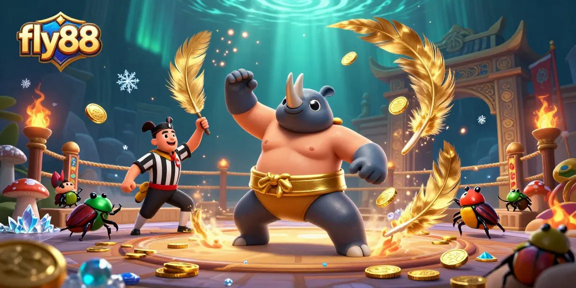 Experience thrill at fly88 with a vibrant 3D scene of a champion beetle battling for glory amidst a casino atmosphere.