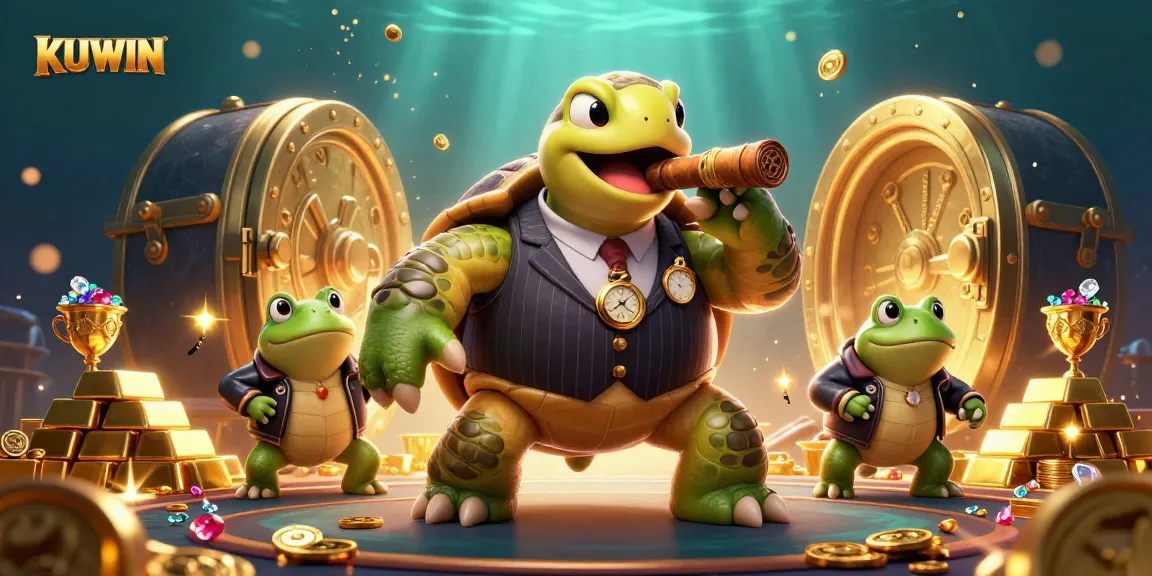 Bet on KUWIN with a dynamic scene featuring a turtle and bullfrog enforcers in a vibrant casino.