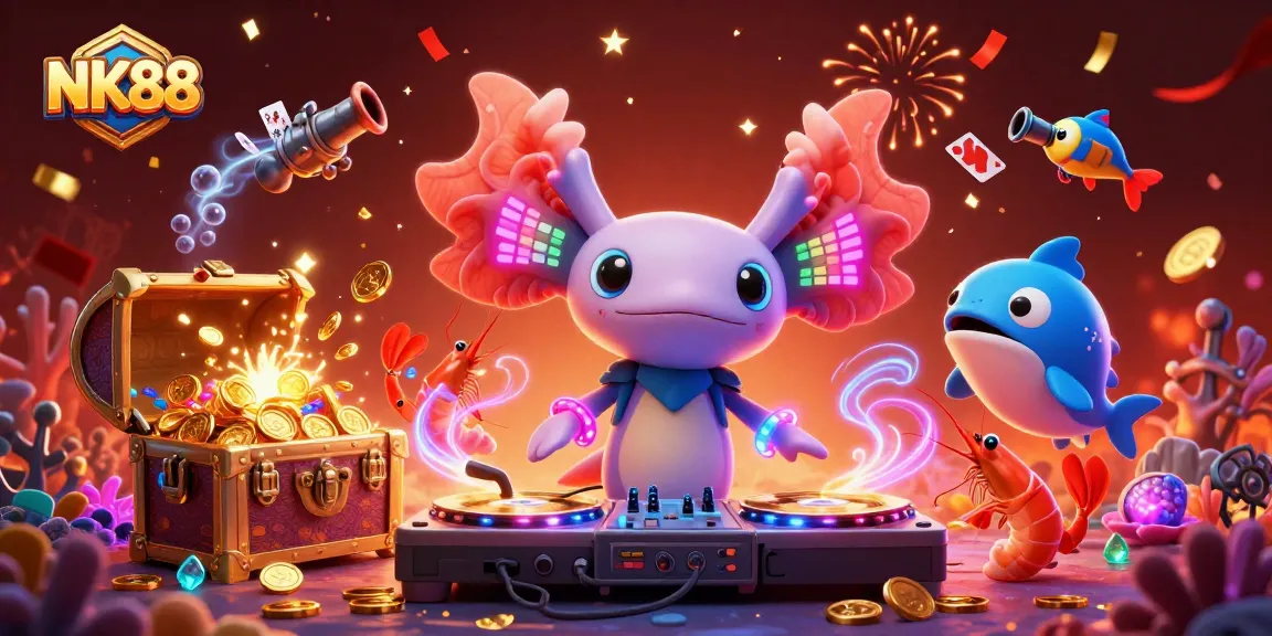 Engage in fun and vibrant gaming moments at NK88 online casino with joyful characters and sparkling treasures.