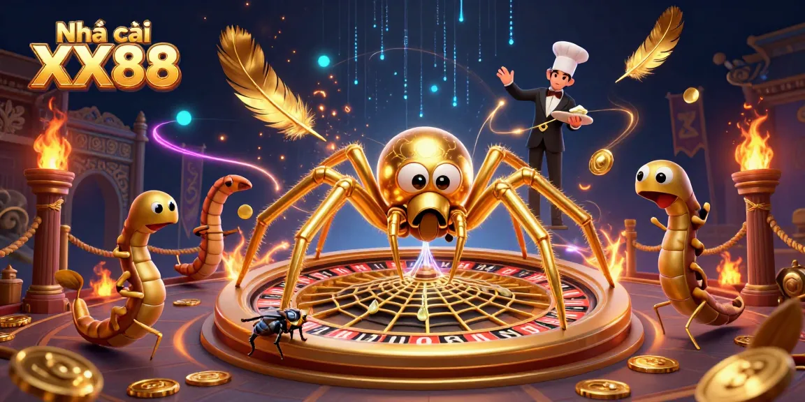 Engage with Nhà cái XX88 in a vibrant casino world featuring a golden spider and thrilling betting action.
