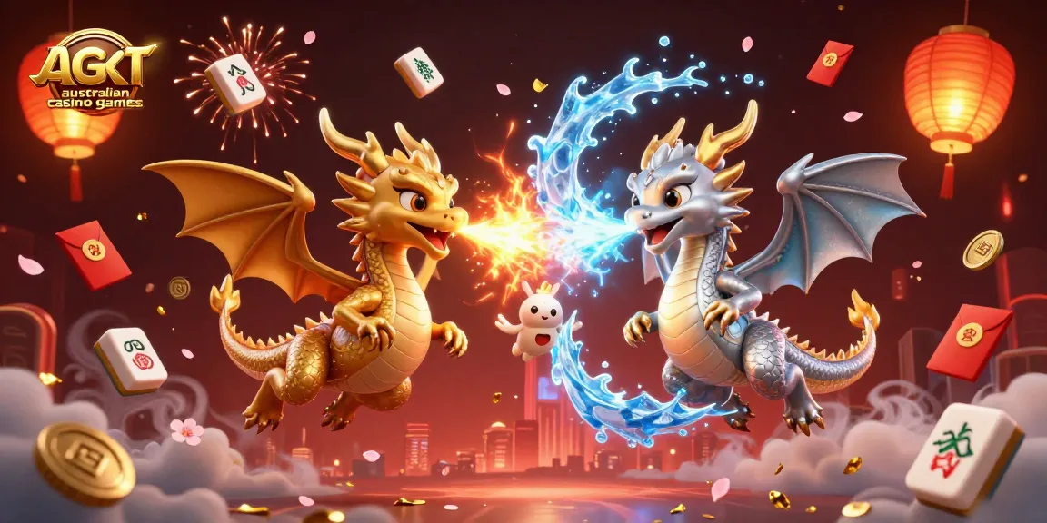 Engage with dynamic australian casino games illustrated by battling dragons and vibrant elements.