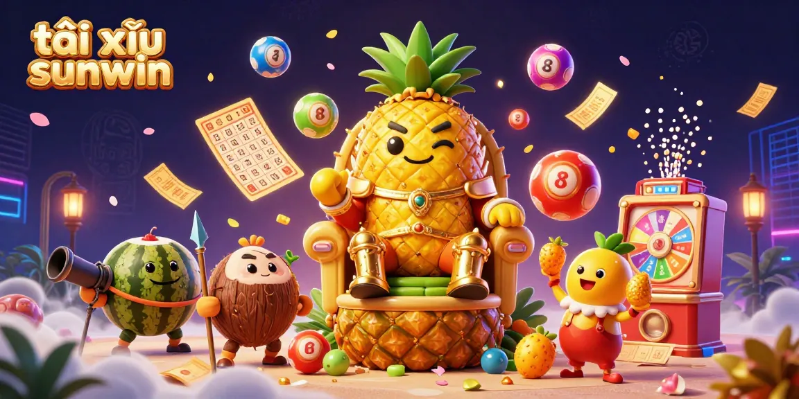 Join the fun with tài xỉu sunwin, featuring a vibrant casino scene filled with lottery balls, prize wheels, and joyful characters.