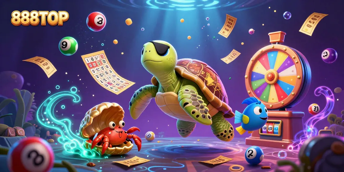 Engage with 888TOP's vibrant casino world where a pirate turtle, hermit crab, and parrotfish celebrate fun gambling activities.