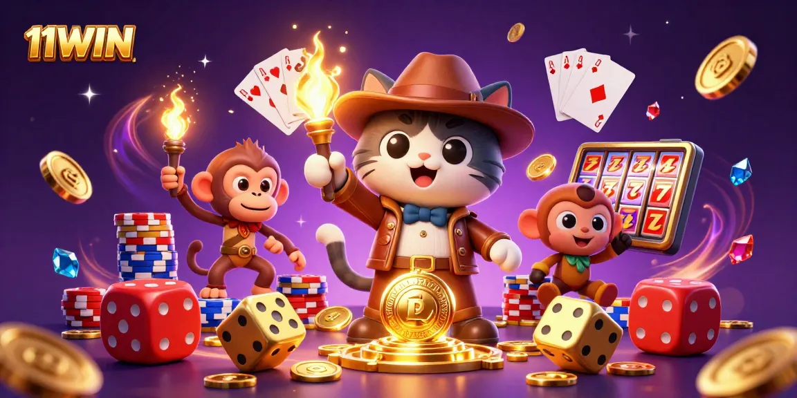 Experience 11WIN through a captivating 3D casino scene with vibrant game elements and rich details.
