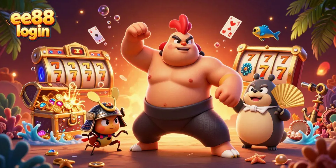 Experience the excitement of gambling with ee88 login featuring characters in a lively casino-themed illustration.